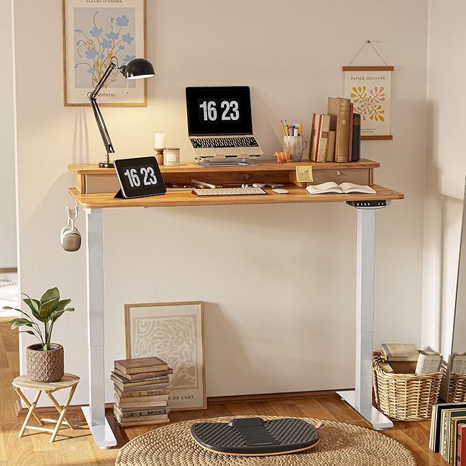 FEZIBO 60 x 24 Inch Height Adjustable Electric Standing Desk with Double Drawer, Stand Up Desk with Storage Shelf, Sit Stand Desk, Light Rustic
