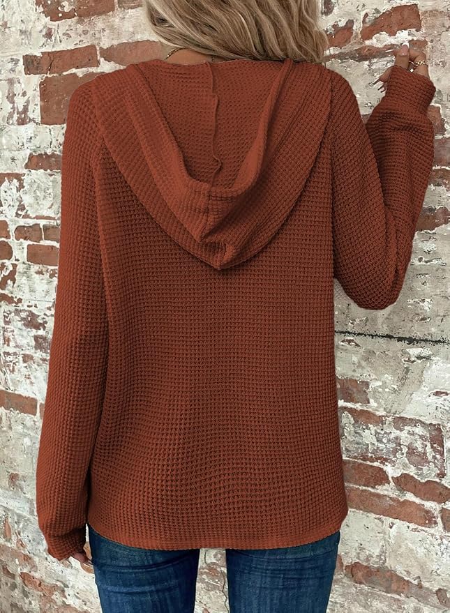 Dokotoo Hoodies for Women Waffle Knit Long Sleeve Drawstring Button V Neck Casual Sweatshirt Hooded Tops Fashion Clothing