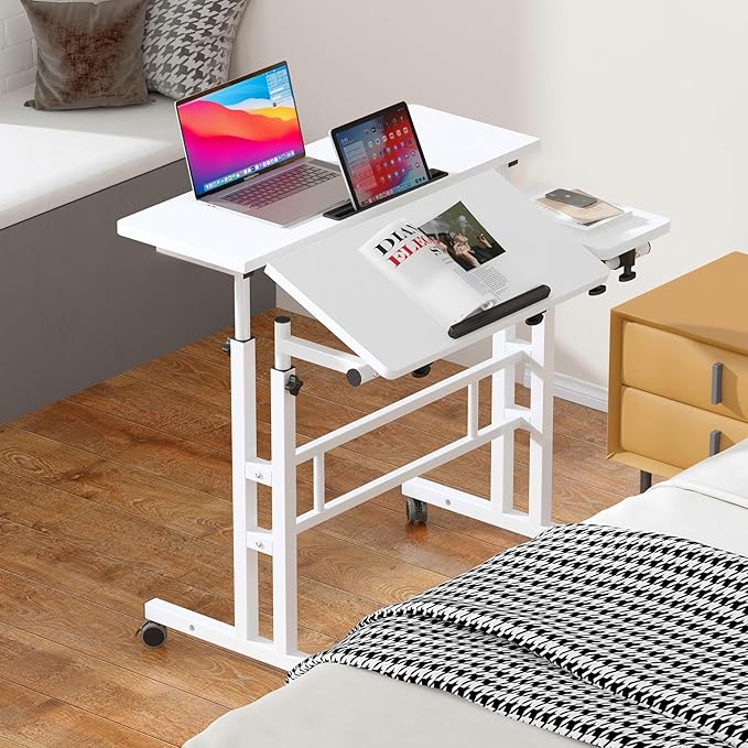 SDHYL 31.5 inches Movable Laptop Desk with Mouse Board Adjustable Height and Angle Anti-Slip Workstation Home Office Desk with Tablet Slot Portable Student Desk, White