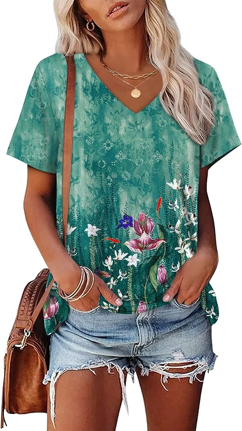 Alaroo Womens Summer Tops 2026 V Neck Short Sleeve Shirts Trendy Dressy Casual Vacation Outfits Printed