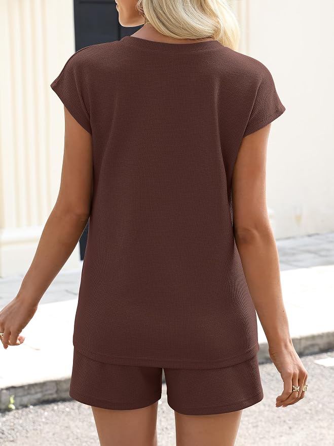 ANRABESS Womens Waffle Knit 2 Piece Short Sets Cap Sleeve Summer 2026 Matching Lounge Outfits Travel Beach Vacation Sweatsuit