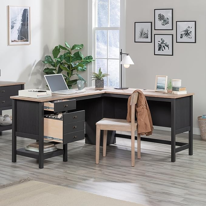 Sauder Cottage Road L-Desk, L: 65.12" x W: 58.66" x H: 29.76", Raven Oak Finish