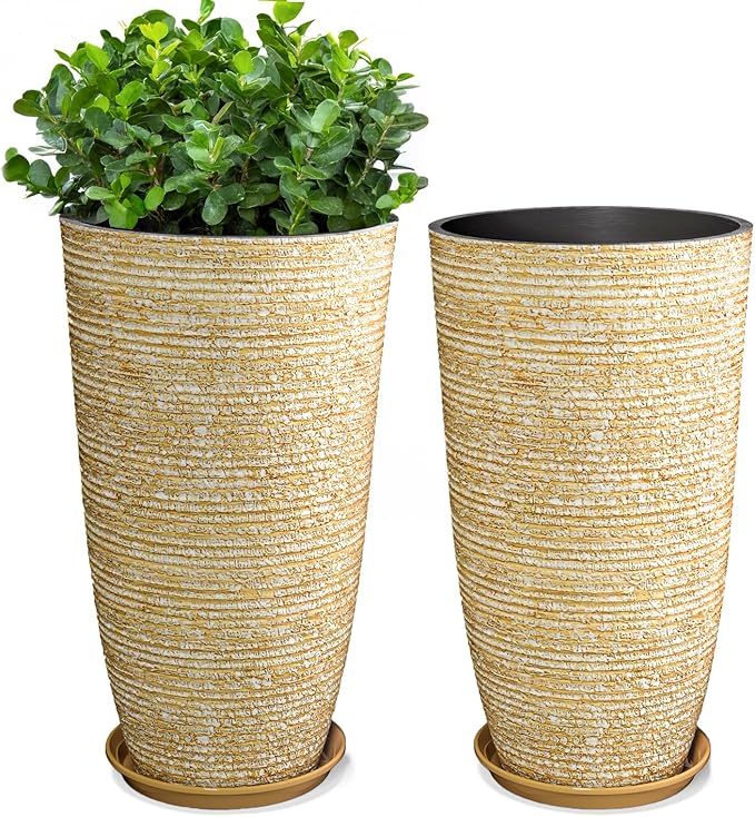 QCQHDU Set of 2 9 Gallon Tall Large planters for Outdoor/Indoor Plants of 12" Dia x 21" H Round Flower Pots Set Faux Stone Finish Front Door Patio Square Porch Planters with Tray, Beige