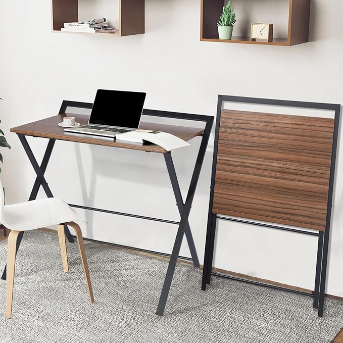 Folding Desk, Foldable Table Space Saving Computer Sturdy Writing Table Workstation for Home Office with Metal Frames/Wood Top Laptop, No Assembly Required, Brown