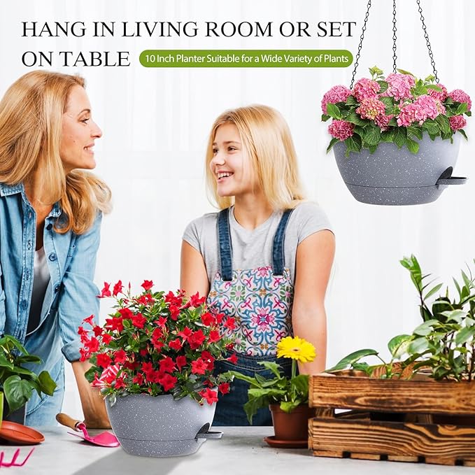 10 Inch Hanging Baskets 2 PC with Chains, Self-Watering Hanging Planters for Indoor Outdoor Plants, Plastic Hanging Flower Pots,Speckled Grey