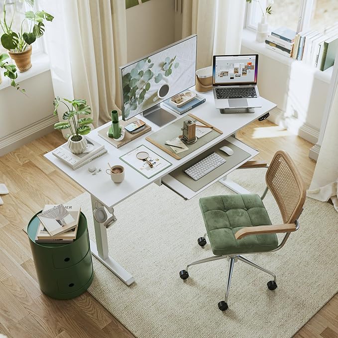 Height Adjustable Desk with Keyboard Tray, 55 x 24 Inches Electric Standing Desk, Stand up Computer Table with Memory Preset, Modern Lift Motorized Gaming Workstation, White