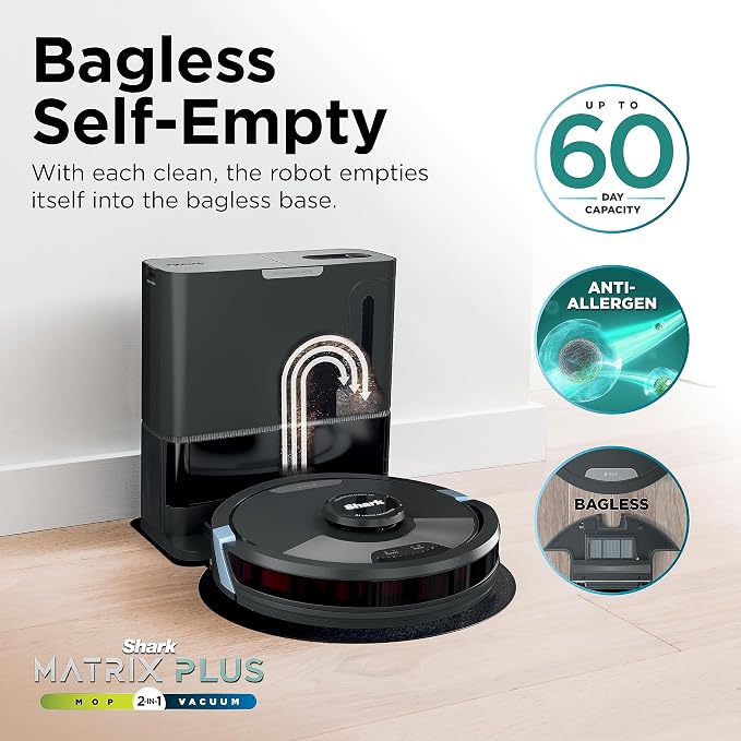 Shark Matrix Plus 2in1 Robot Vacuum & Mop with Sonic Mopping, Matrix Clean, Home Mapping, HEPA Bagless Self Empty Base, CleanEdge, for Pet Hair, Wifi, Black/Silver (RV2610WA)