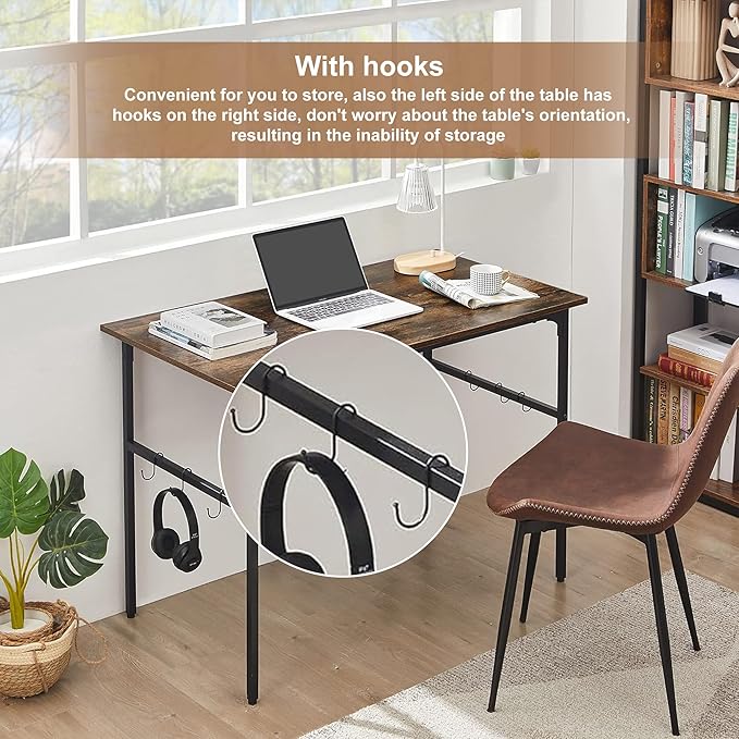 VECELO 44 Inch Computer Stable Writing Study Work 6 Hooks Adjustable Feet Wooden Desk for Home,Bedroom,Rusic Brown, 44Inches