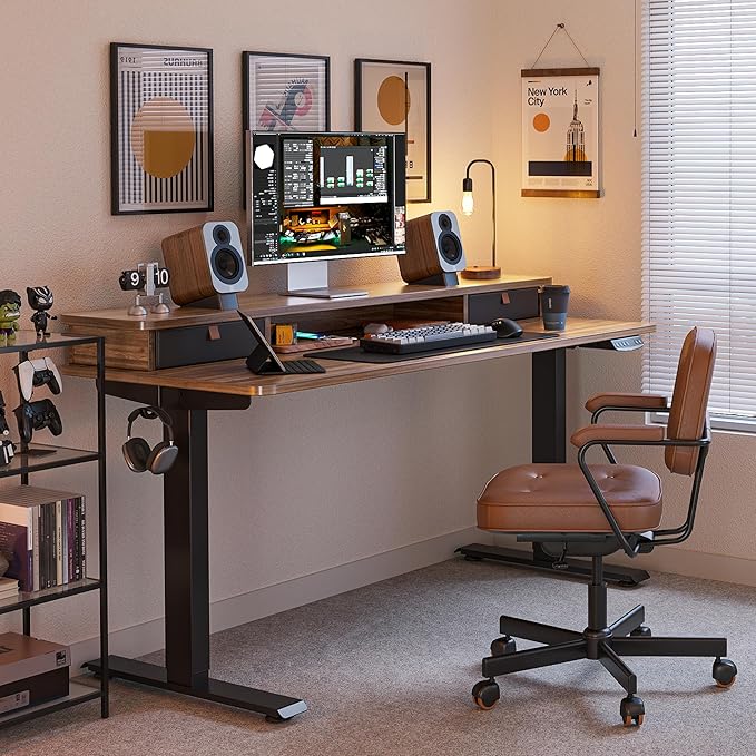 FEZIBO 55 x 24 Inch Height Adjustable Electric Standing Desk with Double Drawer, Stand Up Desk with Storage Shelf, Sit Stand Desk, Blcak Walnut
