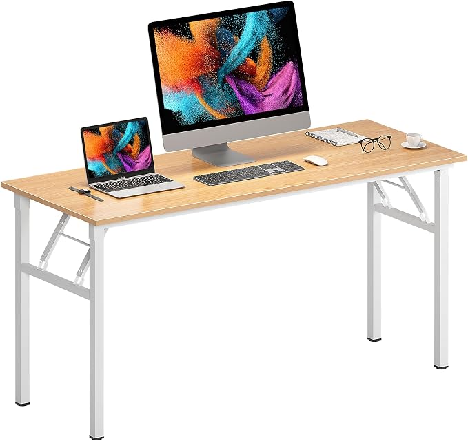 Need Office Computer Desk 60 Inch Sturdy Folding Laptop Table Teak | White Frame Writing Gaming Work Table/Foldable Home Office Desk/Sewing Table, No Assembly Required