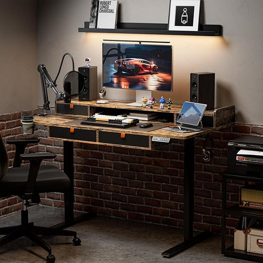 Standing Desk with Drawers 63x30 Inches large Standing Desk,Adjustable Height Desk with 4 PU Drawers,Storage Shelvers Sit Stand Up Desk,Home Office Computer Desk(Rustic Brown)