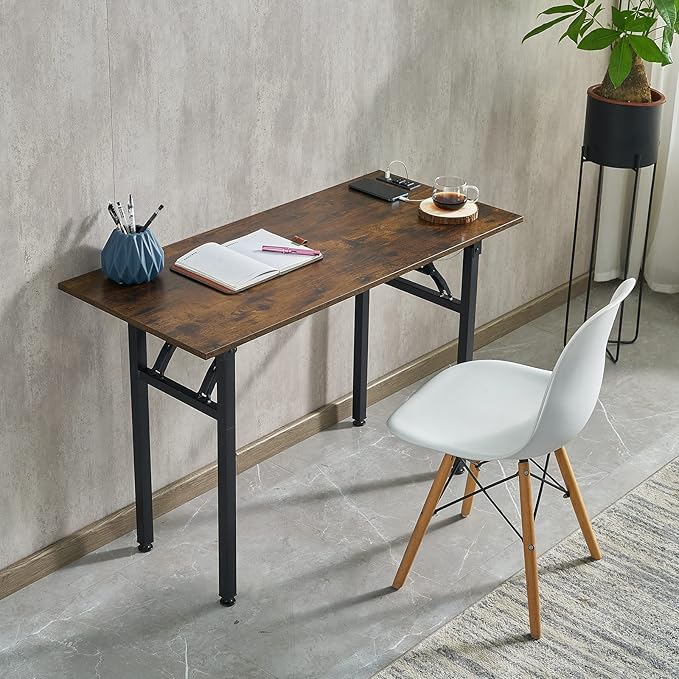 Frylr Foldable Desk 31.5'',Small Desks for Small Spaces with Power Outlet and USB Ports Charging Station,folding computer desk,Home Office Collapsible Desk,Stable Metal Frame,Rustic Brown