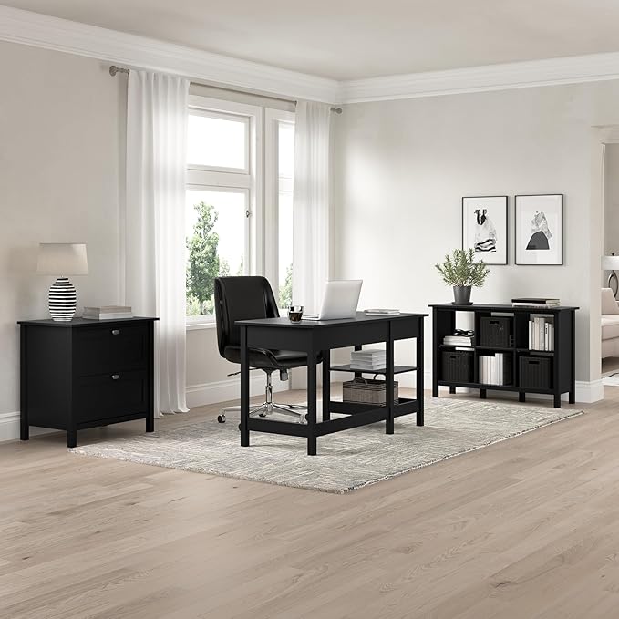 Bush Furniture Broadview 54W Computer Desk with Shelves in Classic Black| Personal Workstation Table and Storage for Home Office Workspace