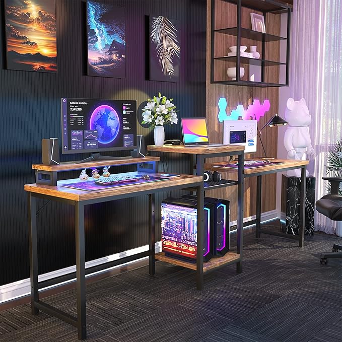 Unikito Double Computer Desk with LED Strip and Power Outlet, 2 Person Desk with Monitor Stand and Storage, Ergonomic Computer Desk with Printer Stand for Home Office, Long Gaming desk, Rustic Brown