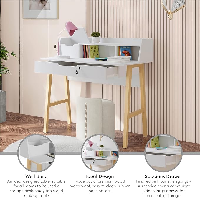Roma Writing Desk - Elegant Wood Study Desk With Storage, Cable Holes & Drawers - Work Table for Home, Office, Dorm, Small Spaces - Compact Black Desk, 40x19x36.9” (white)