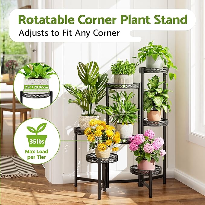 7 Tier Large Metal Plant Stand Indoor Outdoor with 7.9 Inch Wide Tray, Tiered Corner Plant Stand, Flower Display Holder Shelf, Folding Tall Rack for Patio Porch Balcony Living Room Garden - BlackWave