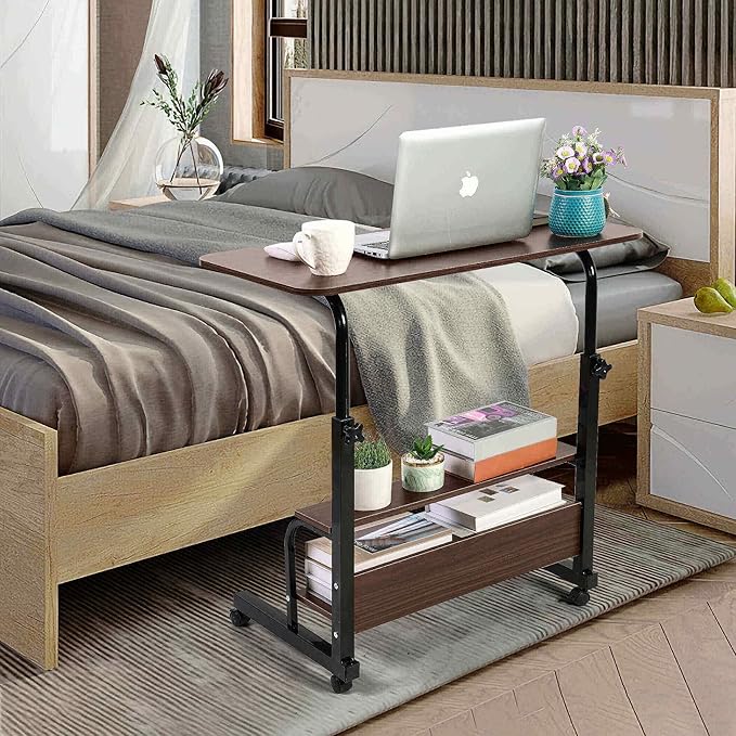 Adjustable Mobile Laptop Desk Home Office Desk Detachable Wheels Desk Portable Height Mobile Bedside Table Veranda Office Desk Additional Storage Rack Small Spaces Desk Size 15.7x31.5'Brown