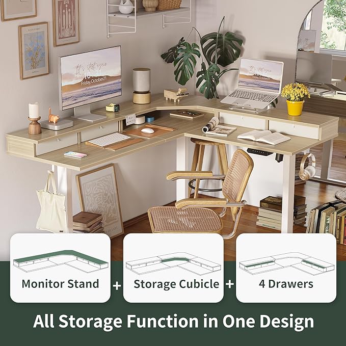 FEZIBO 63" L Shaped Standing Desk with 4 Drawers, Electric Standing Gaming Desk Adjustable Height, Corner Stand up Desk with Splice Board, White Frame/Light Walnut Top