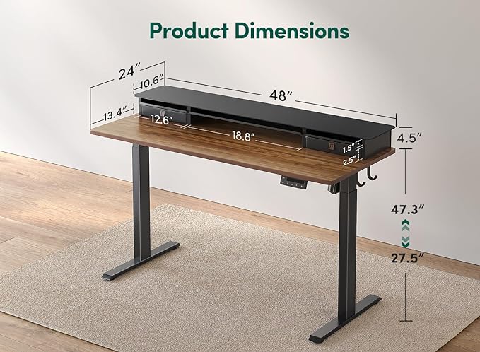 FEZIBO 48 x 24 Inch Height Adjustable Glass Electric Standing Desk with Double Drawer, Stand Up Desk with Storage Shelf, Sit Stand Desk, Black Walnut