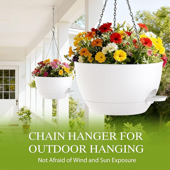 10 Inch Hanging Baskets 2 PC with Chains, Self-Watering Hanging Planters for Indoor Outdoor Plants, Plastic Hanging Flower Pots,White