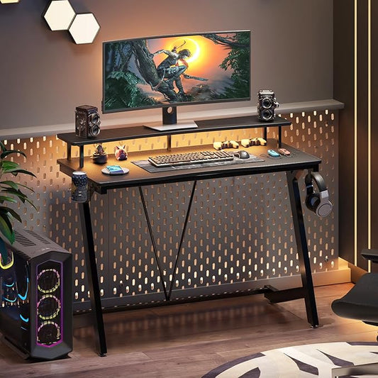 Gaming Desk with Power Outlets & Music Strip Lights,Computer Desk with Large Monitor Stand, PC Laptop Table for Small Spaces, Gamer Workstation with Cup Holder, Headphone Hook for Home Office