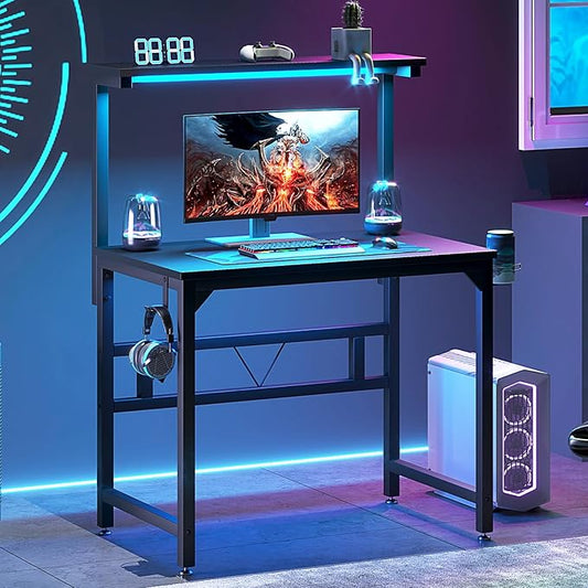 Gaming Desk with Power Outlets & LED Strip Lights,80CM Industrial Writing Desk with Adjustable Monitor Stand, Cupholder and Headphone Hook for Home Office Black