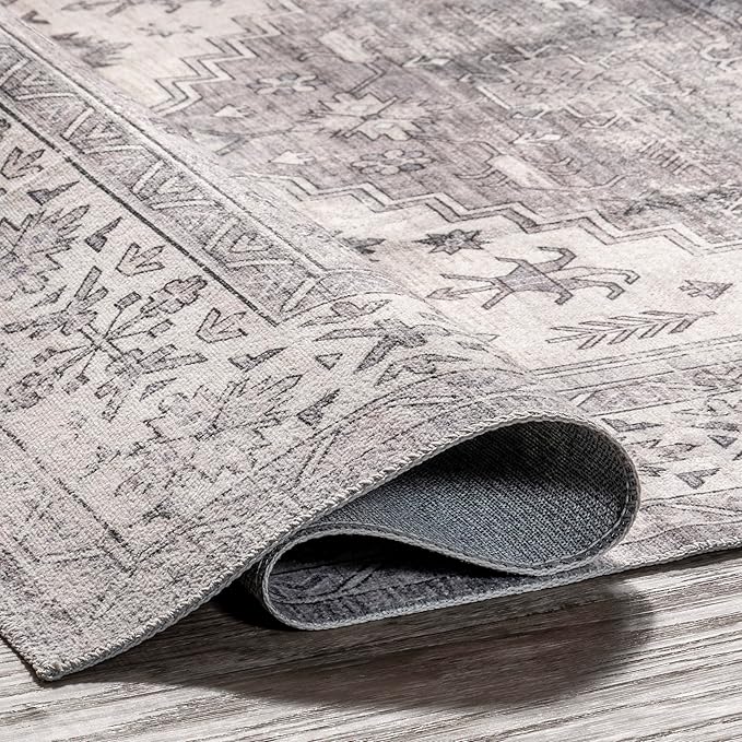 nuLOOM Medallion Bordered Machine Washable Ultra Thin Accent Rug, 3' x 5', Beige