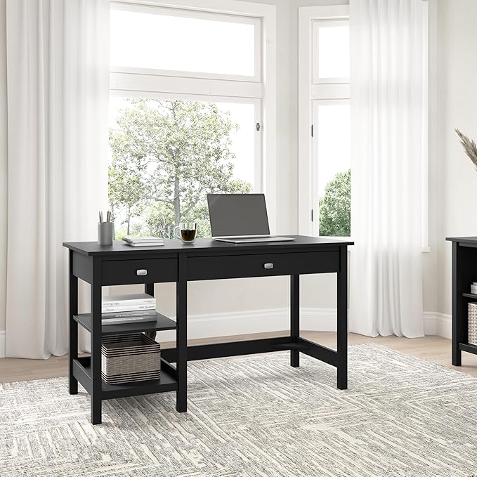 Bush Furniture Broadview 54W Computer Desk with Shelves in Classic Black| Personal Workstation Table and Storage for Home Office Workspace