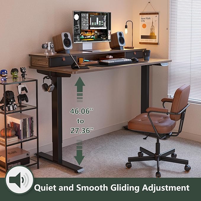FEZIBO 55 x 24 Inch Height Adjustable Electric Standing Desk with Double Drawer, Stand Up Desk with Storage Shelf, Sit Stand Desk, Blcak Walnut