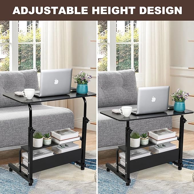 Adjustable Mobile Laptop Desk Portable Detachable Wheels Home Office Desk Height, Bedside Table Additional Storage Rack Small Spaces Veranda Office Desk Size 15.7 * 31.5 Inch Black
