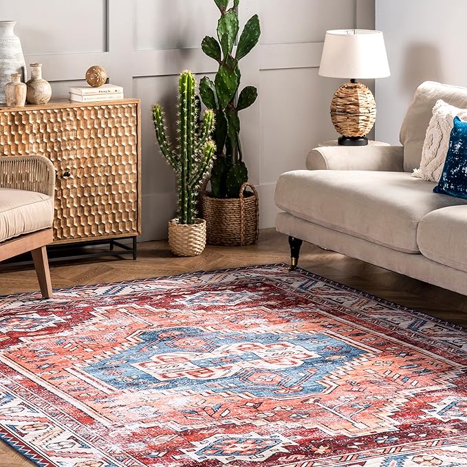 nuLOOM Marli Machine Washable Faded Medallion Ultra Thin Accent Rug, 2' x 3', Rust