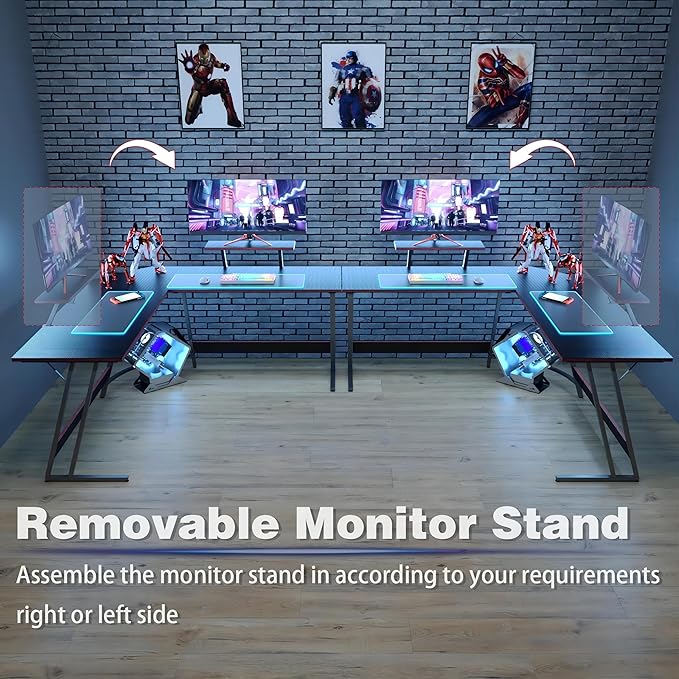 L Shaped Gaming Desk, 51 Inch Computer Corner Table with Large Monitor Stand & Carbon Fiber Surface for Home Office Study Writing Workstation, Black