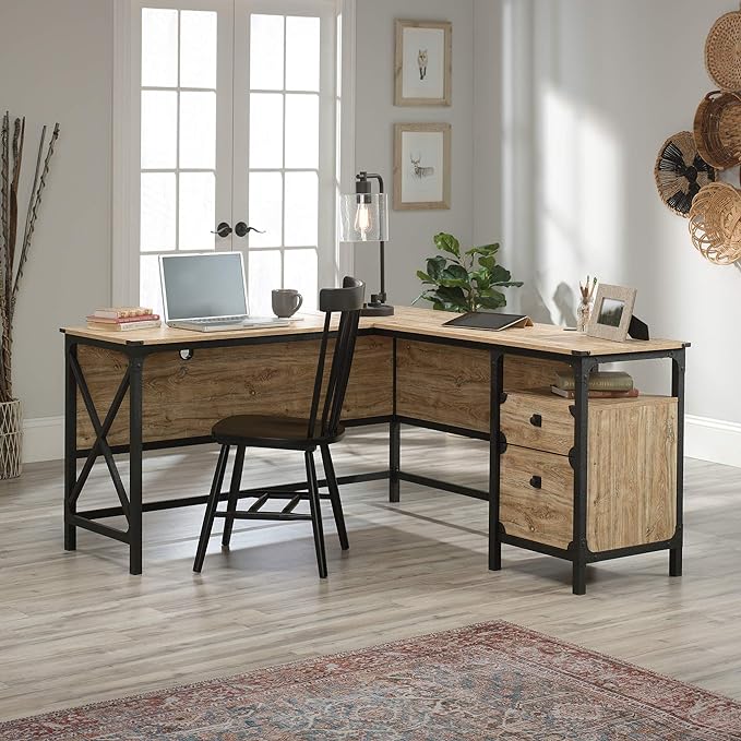 Sauder Steel River L-Shaped Desk (59.84" x 57.32" x 29.53") Steel River Lateral File (30.08" x 20.75" x 29.53") Bundle, Milled Mesquite Finish