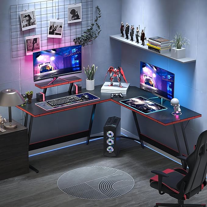 L Shaped Gaming Desk, 51 Inch Computer Corner Table with Large Monitor Stand & Carbon Fiber Surface for Home Office Study Writing Workstation, Black