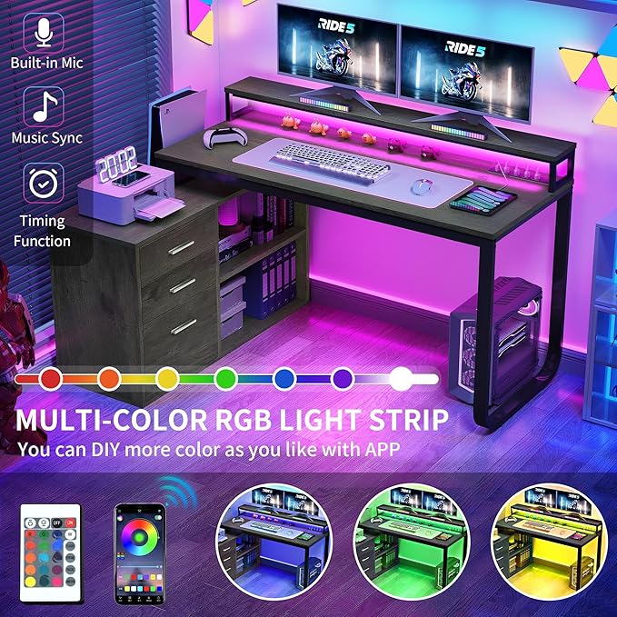 YITAHOME L Shaped Desk with Power Outlets & LED Lights & File Cabinet, 55" Corner Computer Desk with 3 Drawers and 2 Storage Shelves, Home Office Desk with Monitor Stand, Grey