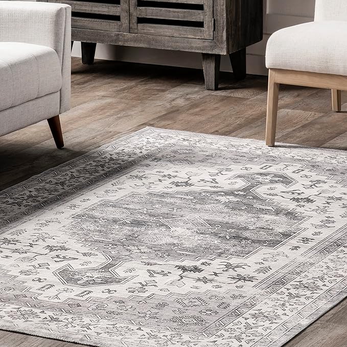 nuLOOM Medallion Bordered Machine Washable Ultra Thin Accent Rug, 3' x 5', Beige