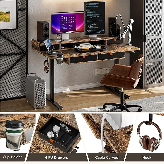 Deeper Electric Standing Desk Adjustable Height Stand Up Desk, 55" x 30" Sit Stand Desk, Quiet Home Office Desk, Large Workspace, Black table (Rustic Brown)
