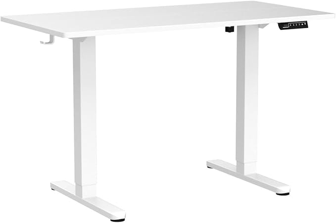 White Standing Desk, 48 X 24 Inch Adjustable Height Electric Desk, Sit Stand Desk with Splice Board and 2 Hooks, Ergonomic Rising Desk for Home Office