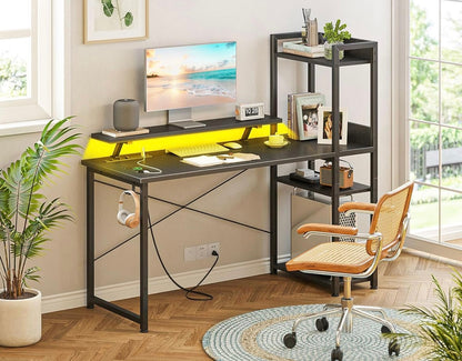 Gaming Desk with Power Outlets & Music Strip Lights,47In Reversible Computer Desk with Storages Shelves,Wooden Drawer& CPU Stand, PC Laptop Table with Large Monitor Stand for Home Office