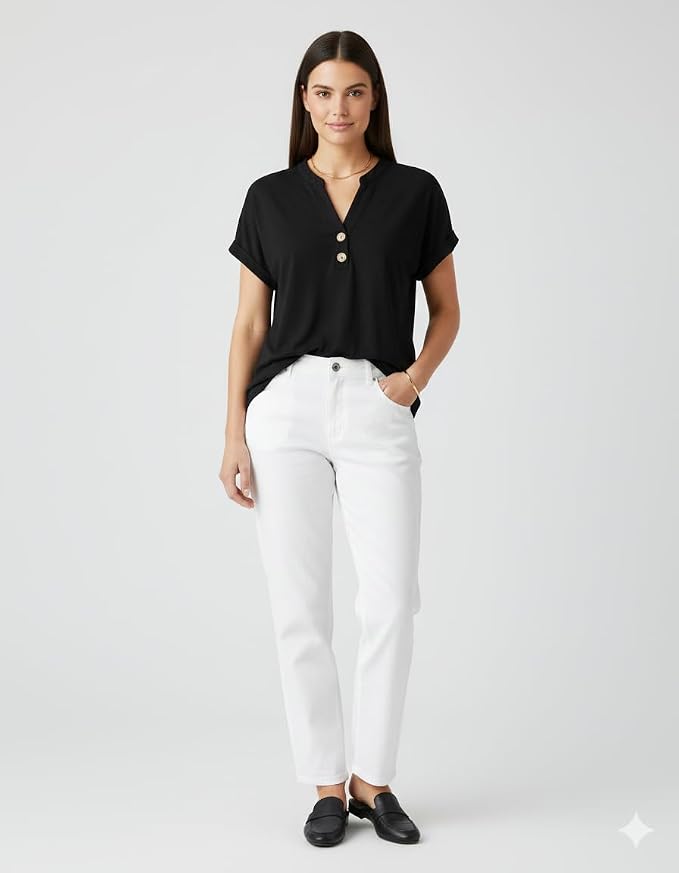 Womens Henley Summer Tops V Neck Button Dressy Casual T Shirts Blouses | Breathable, V-Neck Button, Striped, Loose Fit, Business Casual, Office, Vacation, Spring Summer Tops, Basic Shirts
