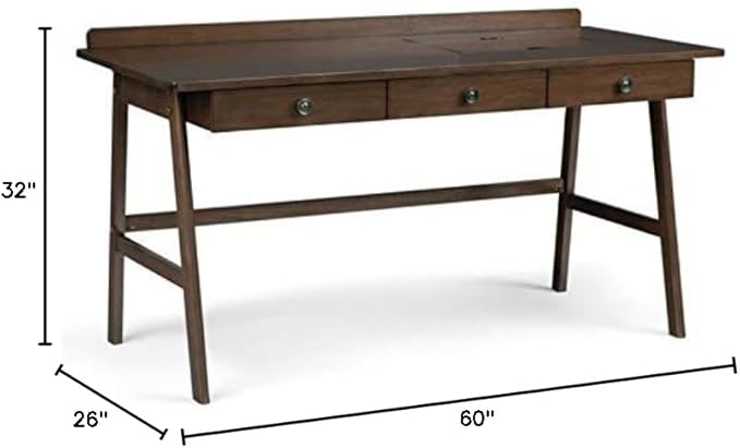 SIMPLIHOME Rylie SOLID WOOD 60 inch Wide Home Office Desk, Writing Table, Workstation, Study Table Furniture in Natural Aged Brown with 3 Drawers