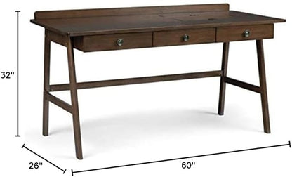 SIMPLIHOME Rylie SOLID WOOD 60 inch Wide Home Office Desk, Writing Table, Workstation, Study Table Furniture in Natural Aged Brown with 3 Drawers
