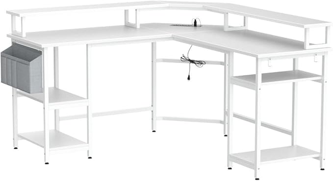Aheaplus L Shaped Gaming Desk with Power Outlets & LED Lights, Computer Corner Desk with Monitor Stand and Storage Shelf, Home Office Writing Desk with Storage Bag, White