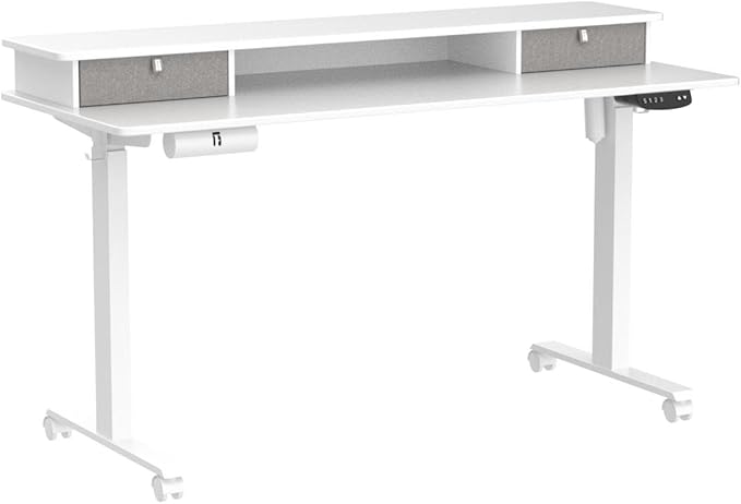 FEZIBO 55 x 24 Inch Height Adjustable Electric Standing Desk with Double Drawer, Stand Up Desk with Storage Shelf, Sit Stand Desk, White