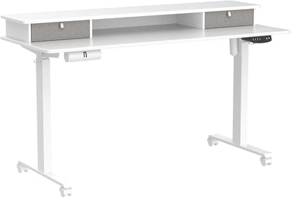 FEZIBO 55 x 24 Inch Height Adjustable Electric Standing Desk with Double Drawer, Stand Up Desk with Storage Shelf, Sit Stand Desk, White