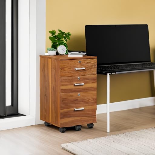 VINGLI 3-Drawer File Cabinet with Lock, Wood Rolling Filing Cabinets for Home Office, Mobile Printer Stand, Under Desk File Organizer for Letter Sized Files, 26" H(Caster Included), Walnut