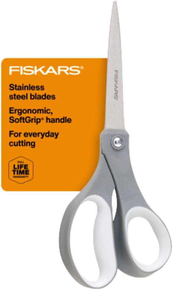 Fiskars 8" SoftGrip Everyday All Purpose Scissors, Office & Crafts, Grey | For Paper, Cardboard & Photos, Precision Stainless Steel Blades, Ergonomic SoftGrip Handles for Comfort & Control