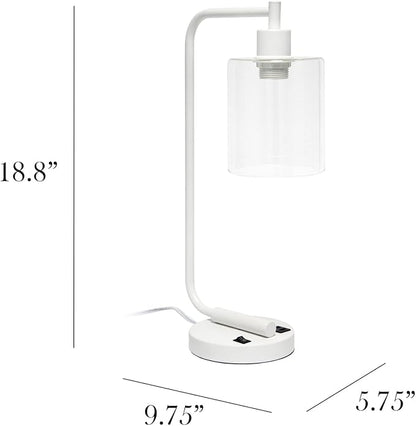 Simple Designs LD1066-WHT Bronson Antique Style Industrial Iron Lantern Desk Bedside Table Lamp with Dual 2 USB Charging Ports and Glass Shade, White