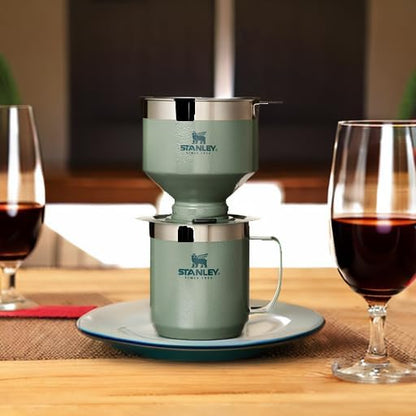 STANLEY Perfect Brew Pour Over Set | 12 oz Camp Mug with Lid Included | Drip Coffee Maker with Reusable Filter | Insulated Stainless Steel | BPA-Free | Hammertone Green