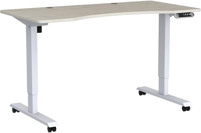 Adjustable Height Electric Standing Desk - 55 x 30 Inch Sit Stand Computer Desk with Splice Board, Stand Up Desk Table for Home Office, White Frame/Oak Top(with Radian)